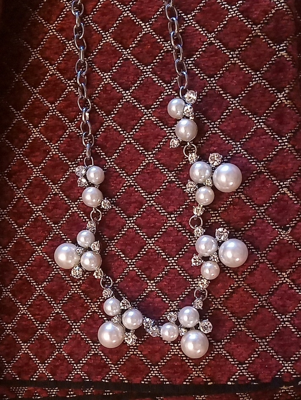 White Pearl And Faux  Diamond Cluster Statement Necklace - And Matching Earrings
